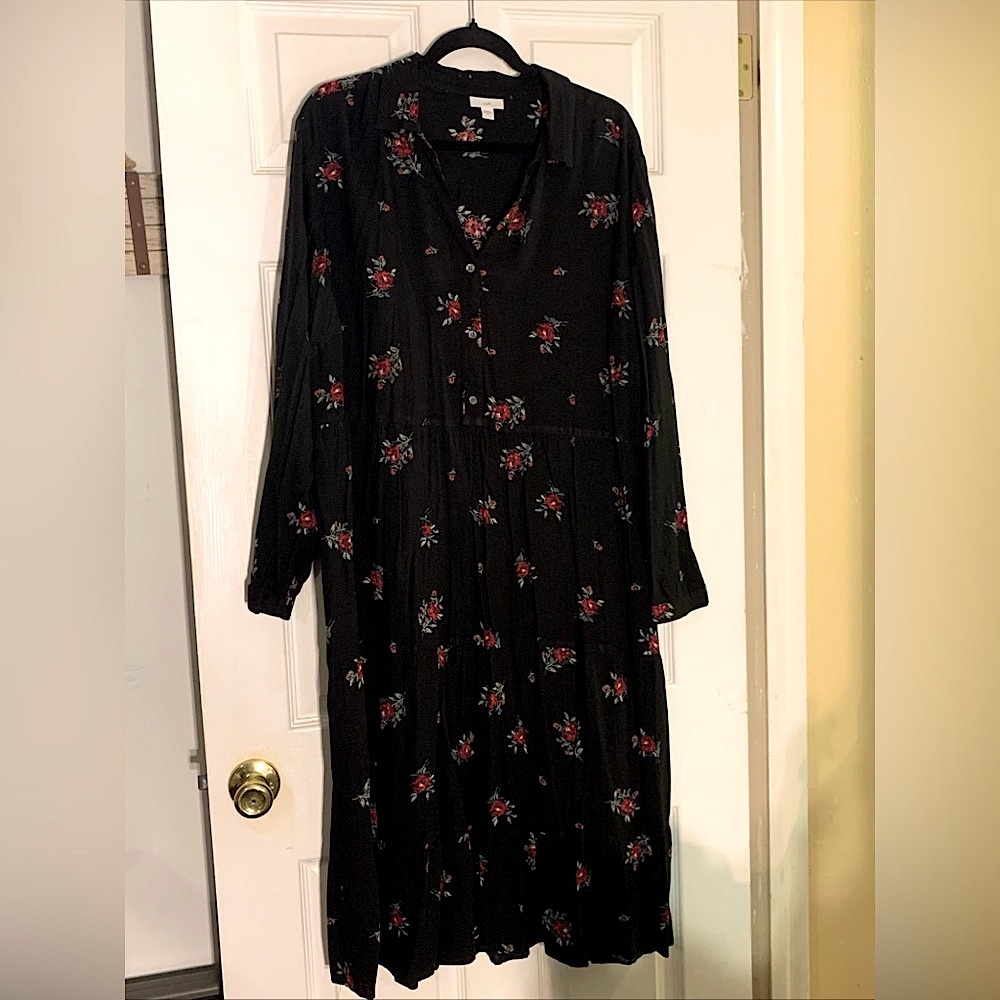 J Jill Woman Size XL Floral Shirt Dress Tiered Skirt Long Sleeve Rayon Midi Maxi